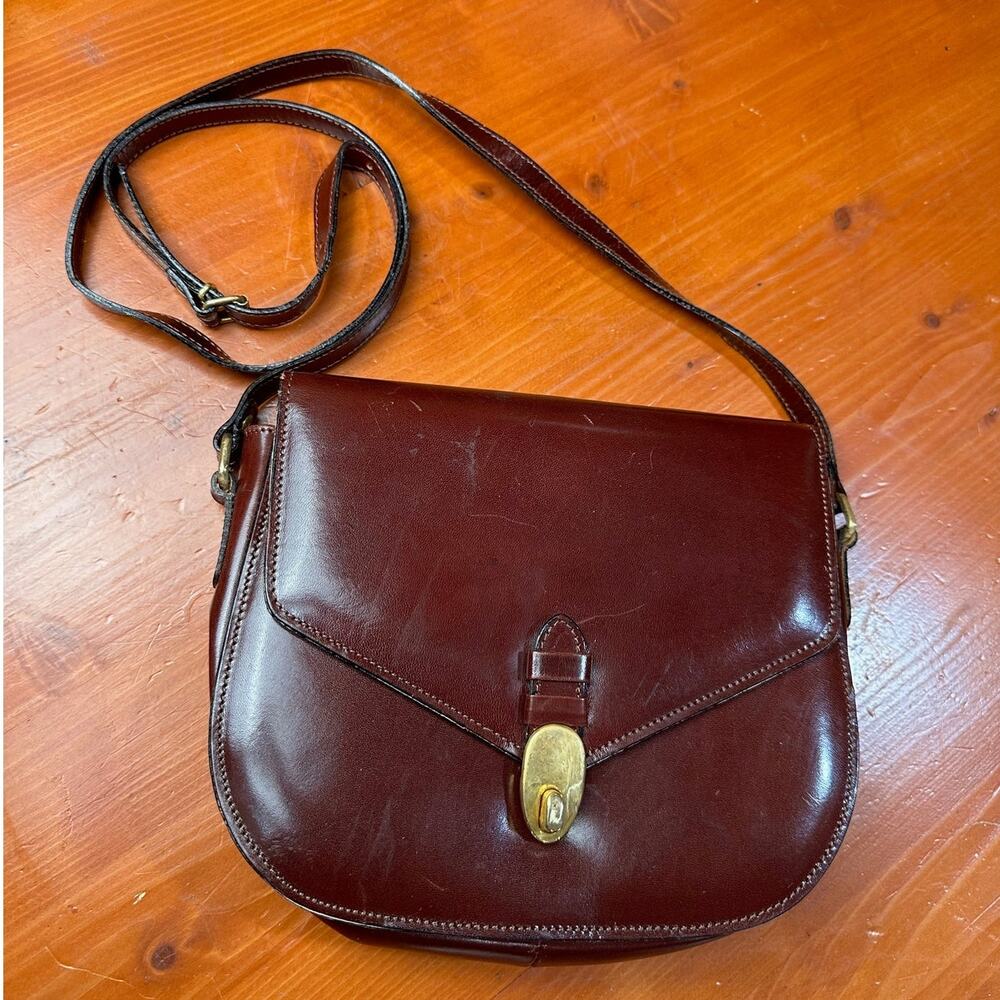 Vintage Brown Italian Leather Crossbody Bag w/ Brass Fastener